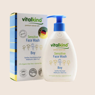 Vitalkind sensitive face wash for boys with packaging on a beige background