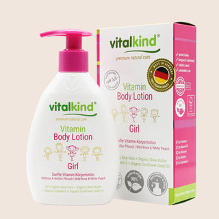 Vitalkind Vitamin Body Lotion for girls with packaging on a beige background