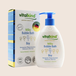 Vitalkind Milky Bubble Bath for boys with packaging on a beige background
