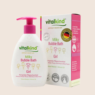 Vitalkind Milky Bubble Bath for girls with packaging on a beige background