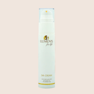 Skincare bottle labeled '4 Elements' on a beige background