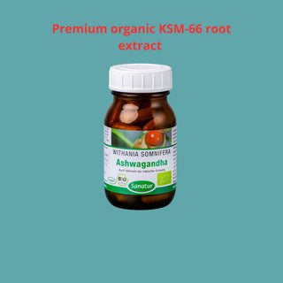 Bottle of Ashwagandha root extract with a green background