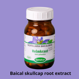 Bottle of Baical skullcap root extract with a purple background