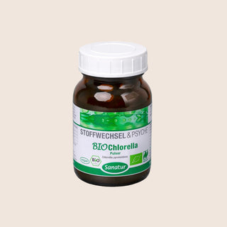 Bottle of Sanatur BIO Chlorella Powder on a beige background
