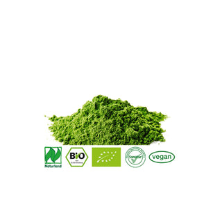 Green powder with certification logos on a white background