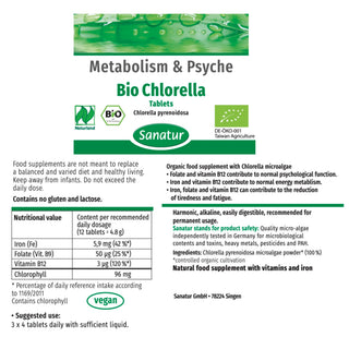 Sanatur Bio Chlorella supplement label with nutritional information and branding details.
