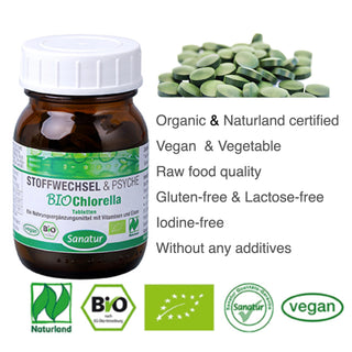 Bottle of BioChlorella with green tablets on a white background, featuring certification logos.