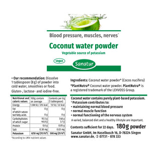 Label of Sanatur coconut water powder with nutritional information and ingredients.