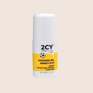 A roll-on bottle of 2CY Cosmetics Soothing Gel Arnica Plus, with white and yellow color scheme and product information on the label.