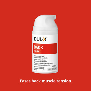 Dul-X Back Relax cream bottle on a red background