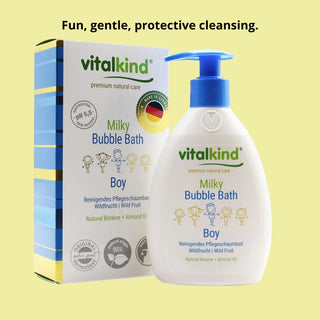 Vitalkind Milky Bubble Bath for boys with packaging on a yellow background