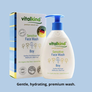 Vitalkind sensitive face wash for boys with packaging on a light blue background
