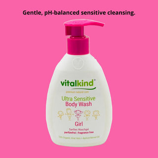 Vitalkind Ultra Sensitive Body Wash for girls on a pink background
