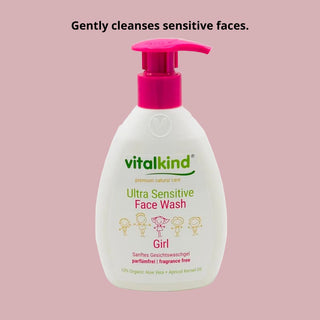 Vitalkind Ultra Sensitive Face Wash for girls on a pink background