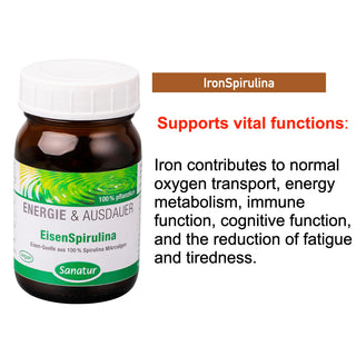 Bottle of IronSpirulina with text about its benefits on a white background