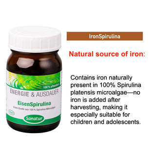 Bottle of IronSpirulina with text about its iron content on a white background
