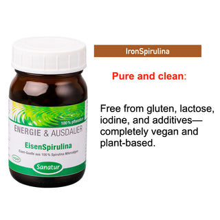Bottle of IronSpirulina with text highlighting its properties on a white background