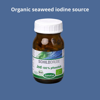 Bottle of organic seaweed iodine source with a blue background