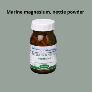 Bottle of marine magnesium and nettle powder with a green label on a gray background
