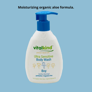 Vitalkind Ultra Sensitive Body Wash for boys on a blue background