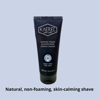 Black tube of Kaerel skin care shaving cream on a light blue background
