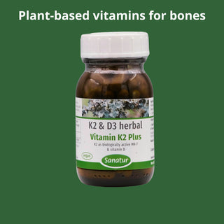 Bottle of Vitamin K2 Plus with a green background and text about plant-based vitamins for bones.