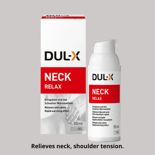 Dul-x Neck Relax product packaging and bottle on a gray background