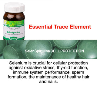 Supplement bottle labeled 'Zellschutz' with text about selenium and its benefits on a white background.