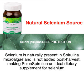 Bottle of Zellschutz SelenSpirulina with text about selenium and Spirulina on a white background.