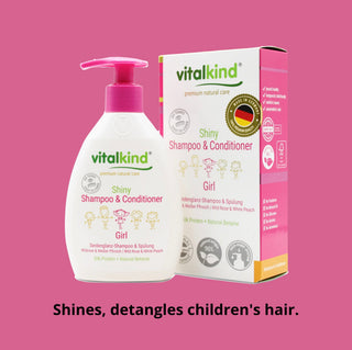 Vitalkind Shiny Shampoo & Conditioner for girls on a pink background