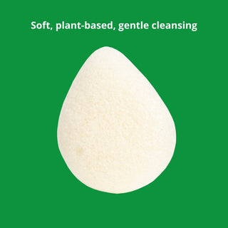White cleansing pad on a green background with text 'Soft, plant-based, gentle cleansing'.