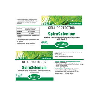SpiruSelenium supplement packaging with green and white design on a white background
