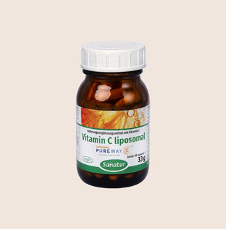 Bottle of Sanatur Vitamin C liposomal on a beige background