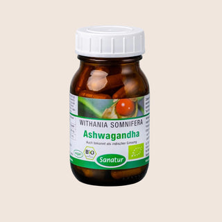 Bottle of Ashwagandha supplement with a beige background
