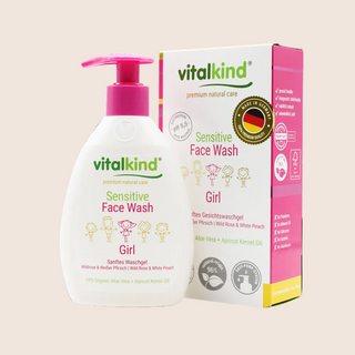 Vitalkind sensitive face wash for girls with packaging on a beige background