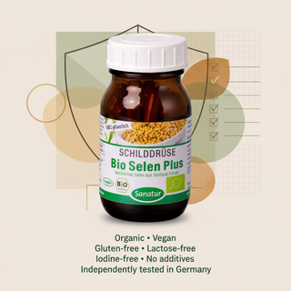 Sanatur Bio Selenium Plus product image with abstract German laboratory quality background