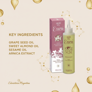 Esseni Massage Oil 150ml key ingredients: Grape Seed Oil, Sweet Almond Oil, Sesame Oil and Arnica Extract, with abstract oil and molecular graphics