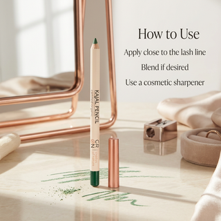 How to use GRN Grass Green kajal along the lash line and sharpen with a cosmetic sharpener