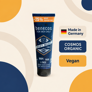 benecos 3-in-1 body wash with Made in Germany, COSMOS ORGANIC and Vegan product credentials