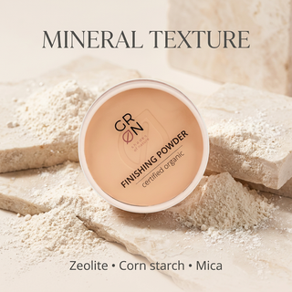 GRN Pine finishing powder with mineral textures highlighting zeolite, corn starch and mica