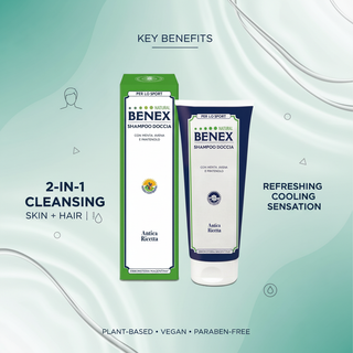 Organic Shower Gel and Shampoo BENEX 200ml benefits: 2-in-1 cleansing for skin and hair, refreshing cooling sensation, plant-based, vegan and paraben-free