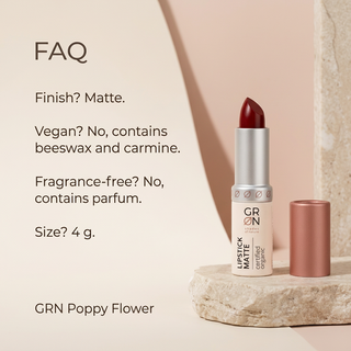 GRN Poppy Flower lipstick FAQ: matte finish, 4 g, contains beeswax, carmine and fragrance.