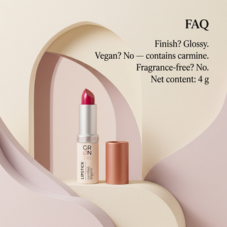 GRN Dragon Fruit lipstick FAQ glossy finish contains carmine and fragrance net content 4 g