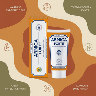 Arnica Forte Ointment 50ml benefits: warming targeted care for tired muscles and joints after physical effort, in a compact 50ml format