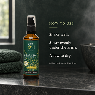 GRN For Men deodorant — shake well, spray under the arms and allow to dry