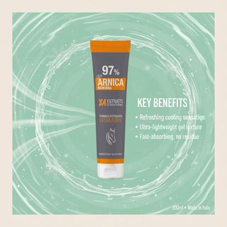 Arnica Gel 97% 100ml key benefits: refreshing cooling sensation, ultra-lightweight gel texture, fast-absorbing and no residue