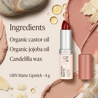 GRN Matte Lipstick 4 g with organic castor oil, organic jojoba oil and candelilla wax on a cream and blush textured background.