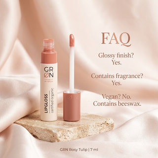 GRN Rosy Tulip lip gloss FAQ: glossy, contains fragrance and beeswax, not vegan