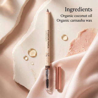 GRN Coffee eyebrow pencil with organic coconut oil and carnauba wax ingredient text