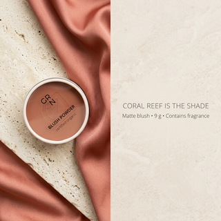 GRN Coral Reef FAQ: Coral Reef is the shade, 9 g matte blush contains fragrance
